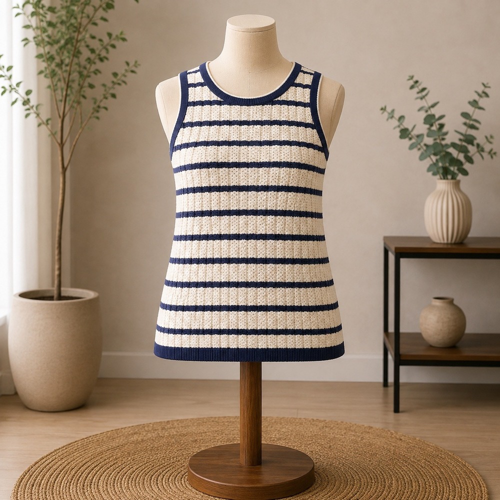 NEW Joan Rivers Sweater Tank Top 2X White Navy Striped Cable Knit Sleeveless